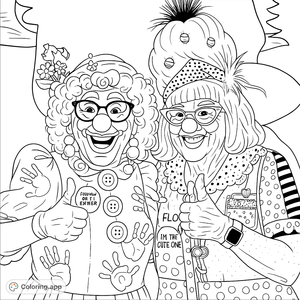 Two cheerful clowns with elaborate costumes, painted faces, and playful accessories give thumbs up, ready for a fun coloring adventure.