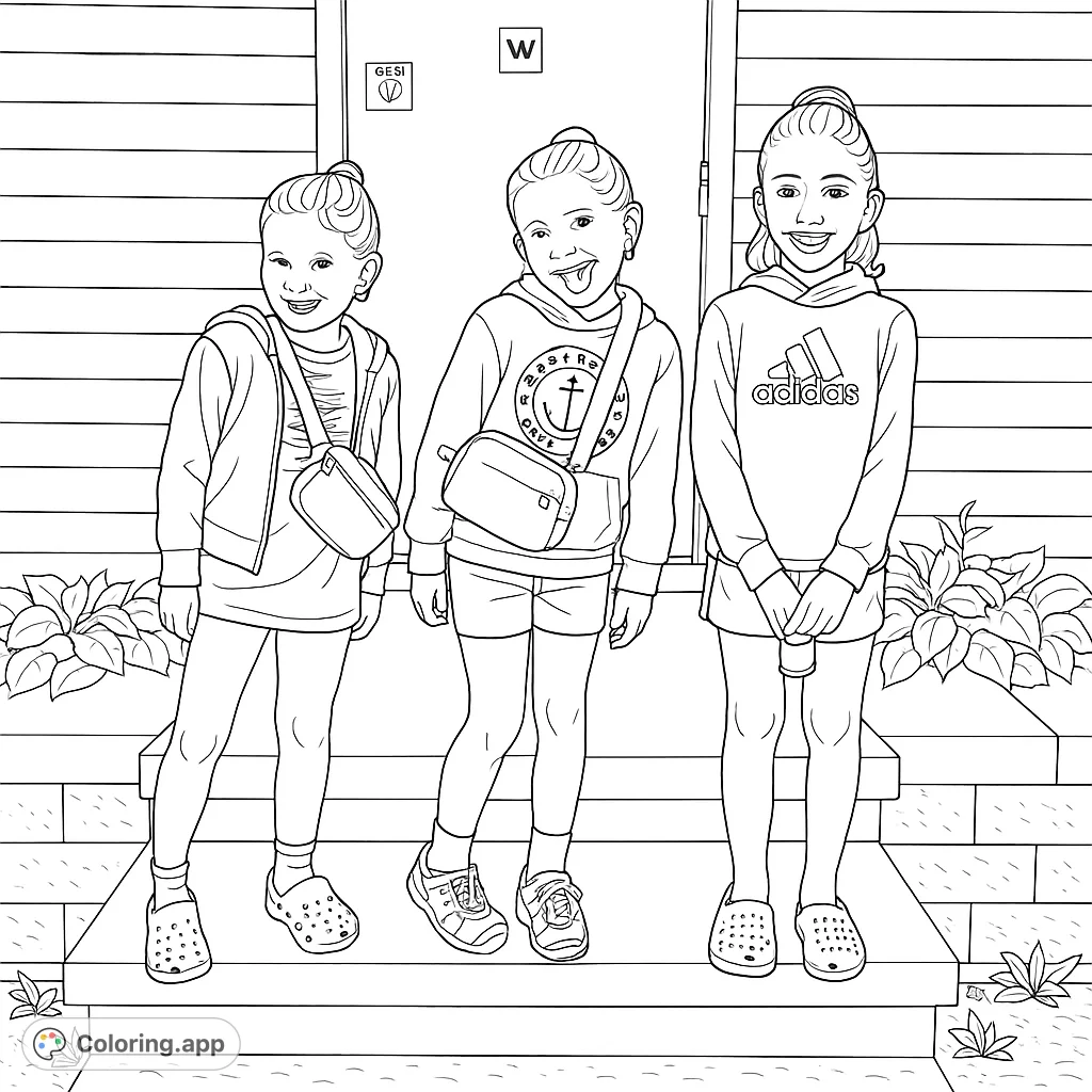 Capture the joy of friendship with three smiling girls on steps. A delightful kids coloring page for creative fun and imaginative play.