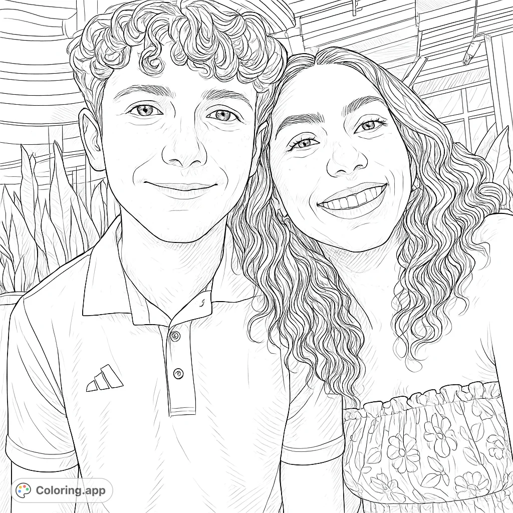 A detailed coloring page featuring a smiling young couple, perfect for personalizing with your favorite shades and bringing their happy moment to life.