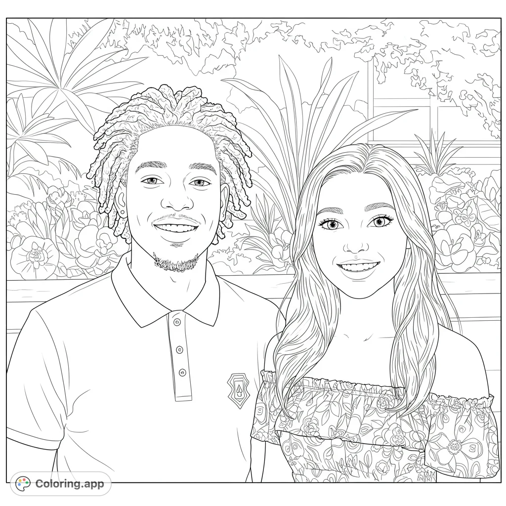 A charming close-up portrait of a smiling young man and woman, featuring detailed hair, patterned clothing, and a lush botanical background.