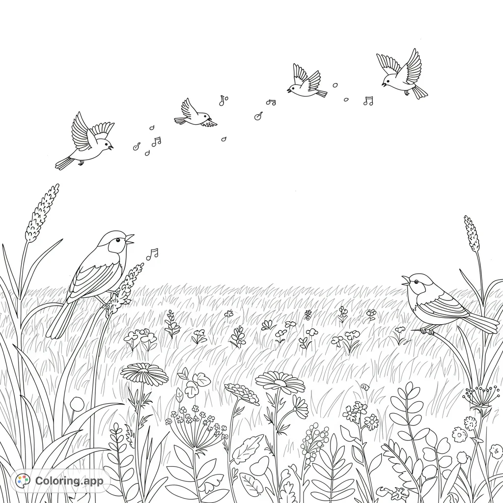 Discover happy birds singing in a vast, peaceful field. A delightful nature scene perfect for all ages to color and enjoy.