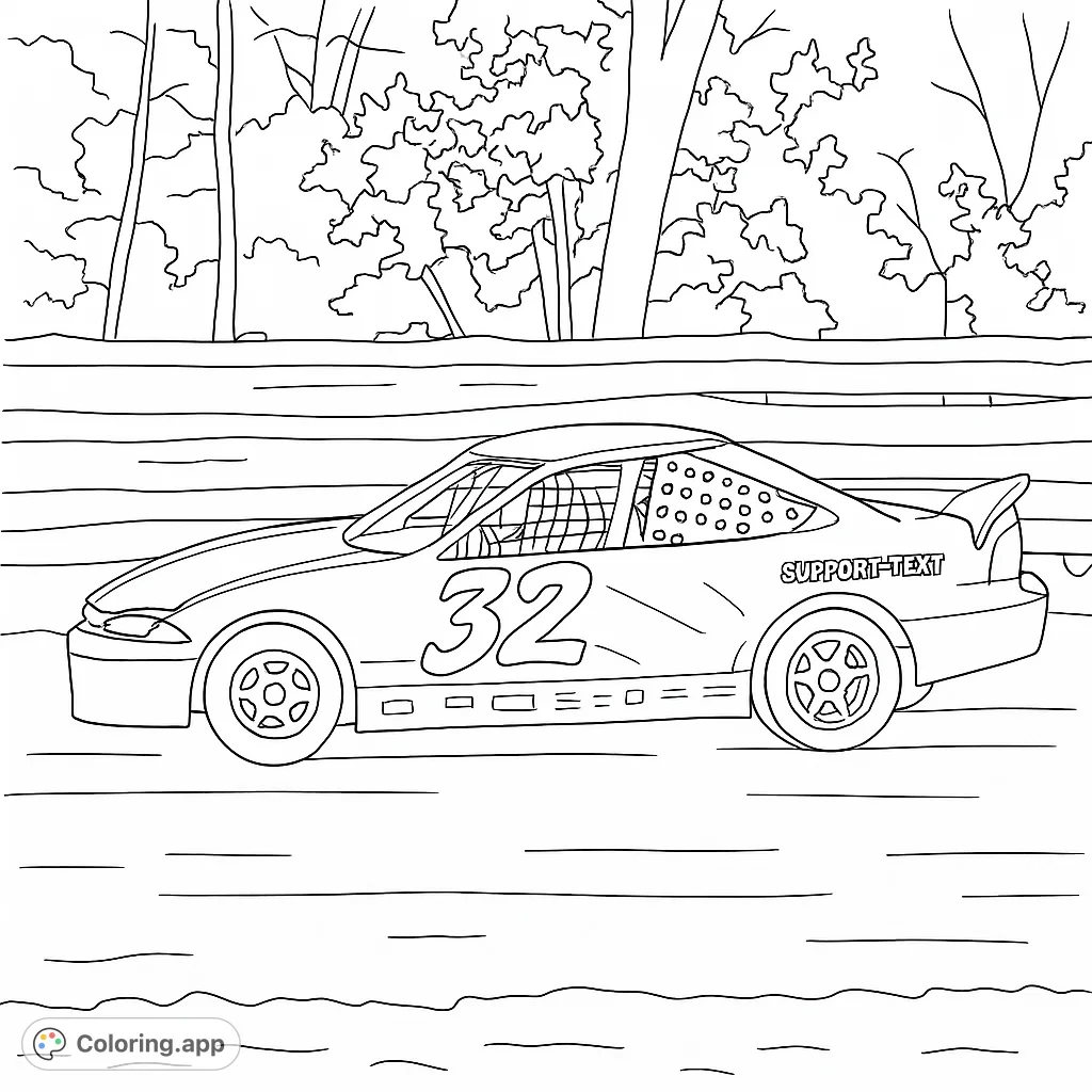 Dynamic race car on a dirt track, ready for speed. A thrilling vehicle with prominent number '32' and detailed features for coloring fun.