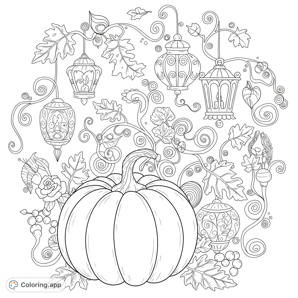 A charming autumn pumpkin surrounded by whimsical jack-o'-lantern lanterns, swirling leaves, and curling vines, perfect for a detailed coloring experience.