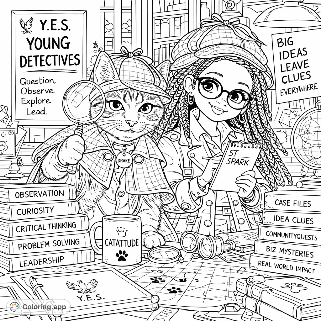 A charming scene with a young detective girl and her clever feline partner, complete with magnifying glass, mystery books, and clues, ready for a grand investigation.