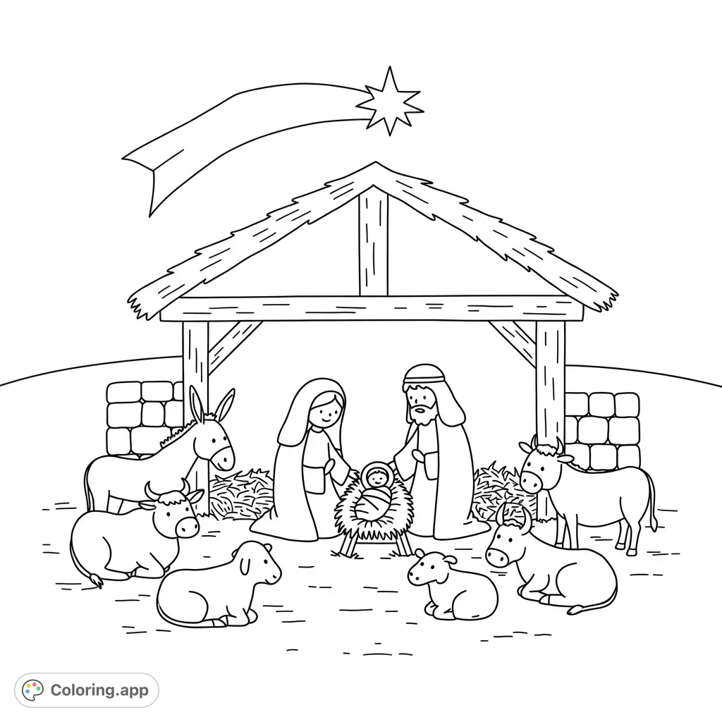 Bring the timeless nativity scene to life! A simple, cute design featuring Mary, Joseph, baby Jesus, and stable animals.