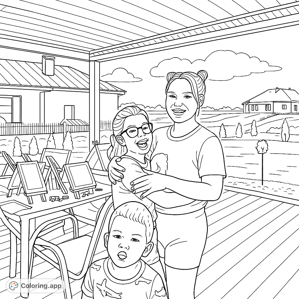 Capture a joyful outdoor art session with family on a patio. Features an adult, a girl, and a boy, surrounded by easels and paints.