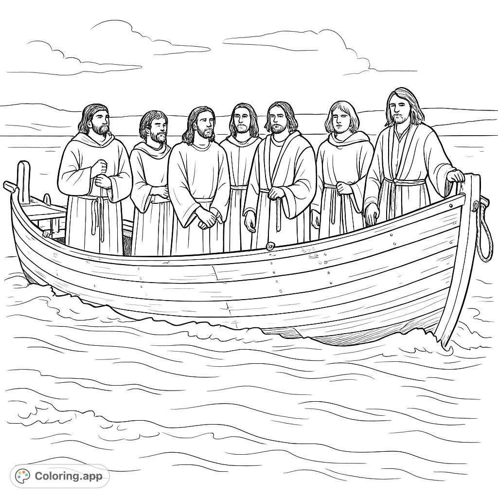 Six robed figures stand in a wooden boat on a body of water, with distant land under a cloudy sky, inviting a historical coloring journey.