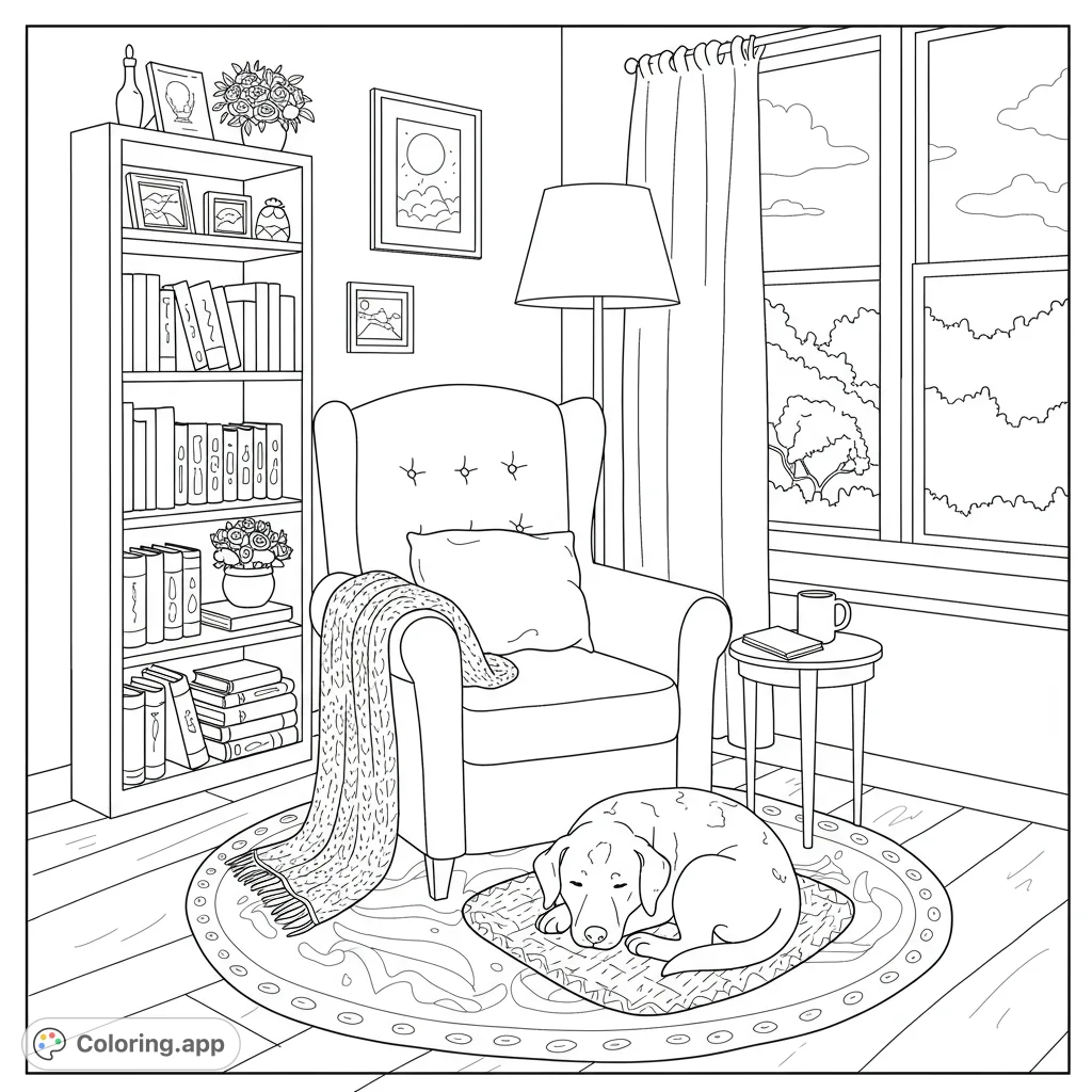 Discover a charming, cozy house interior with a peaceful reading nook and a relaxed dog. A perfect free printable coloring page for relaxation.