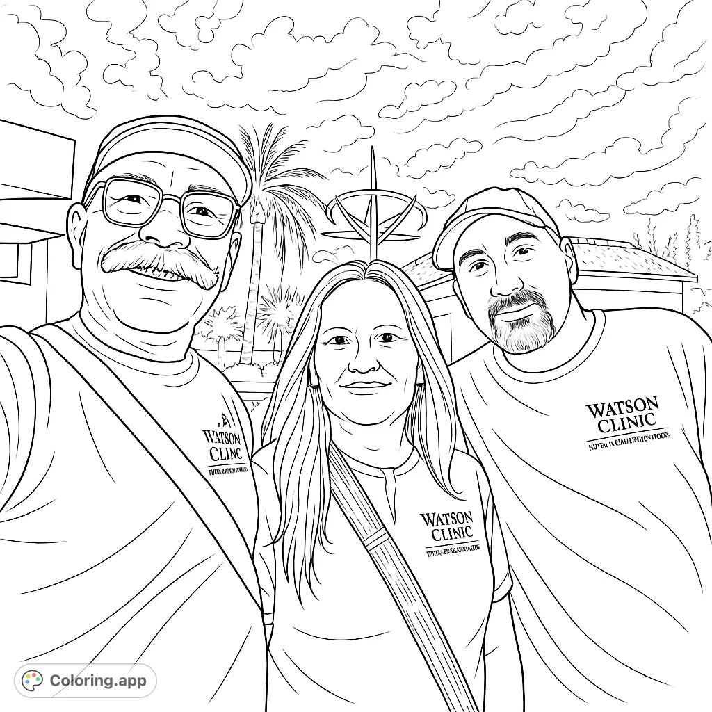 Capture a fun moment with friends at an amusement park. This free printable coloring page features three smiling individuals against a lively park backdrop.