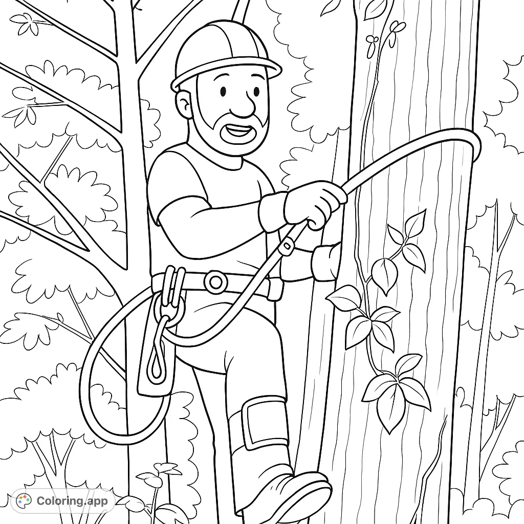 An arborist scales a tree, equipped with climbing gear, set against a lush forest backdrop. Perfect for exploring nature and professions.
