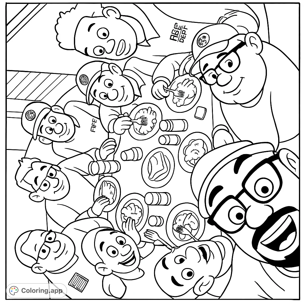 Join a group of cheerful first responders enjoying a meal together. A heartwarming scene perfect for celebrating community heroes and everyday moments.