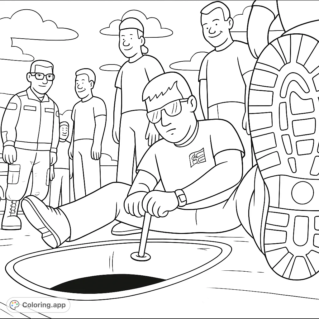 A detailed scene of community workers, including a utility crew and military personnel, gathered around a manhole. Perfect for exploring community service themes.