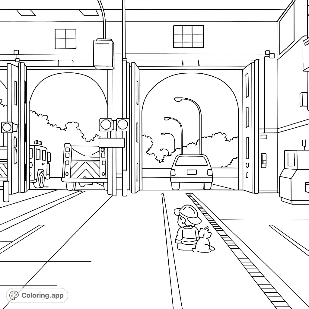Explore a bustling fire station with trucks ready for action and a firefighter on duty, set against a dramatic sky. A detailed scene for all ages.