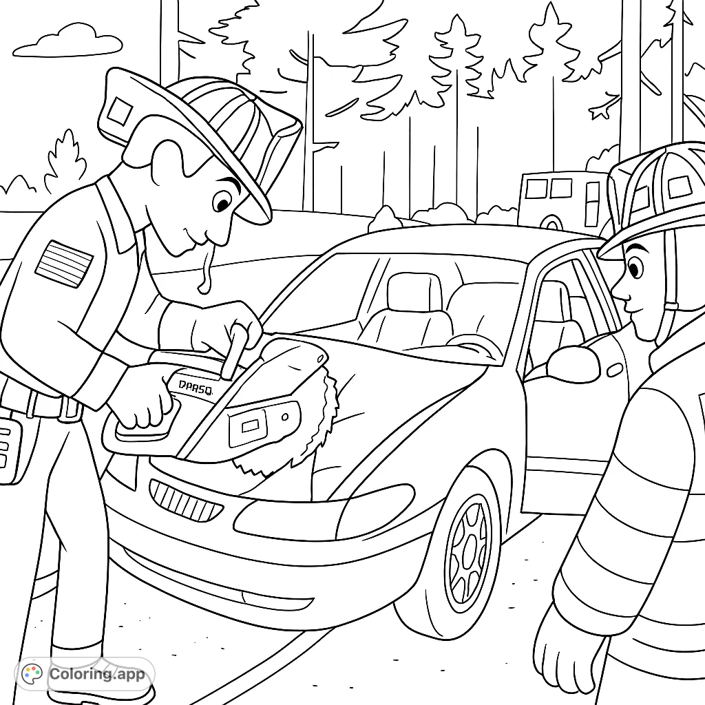 A dynamic firefighter rescue coloring page featuring first responders using specialized tools at a vehicle incident scene, perfect for learning about community heroes.