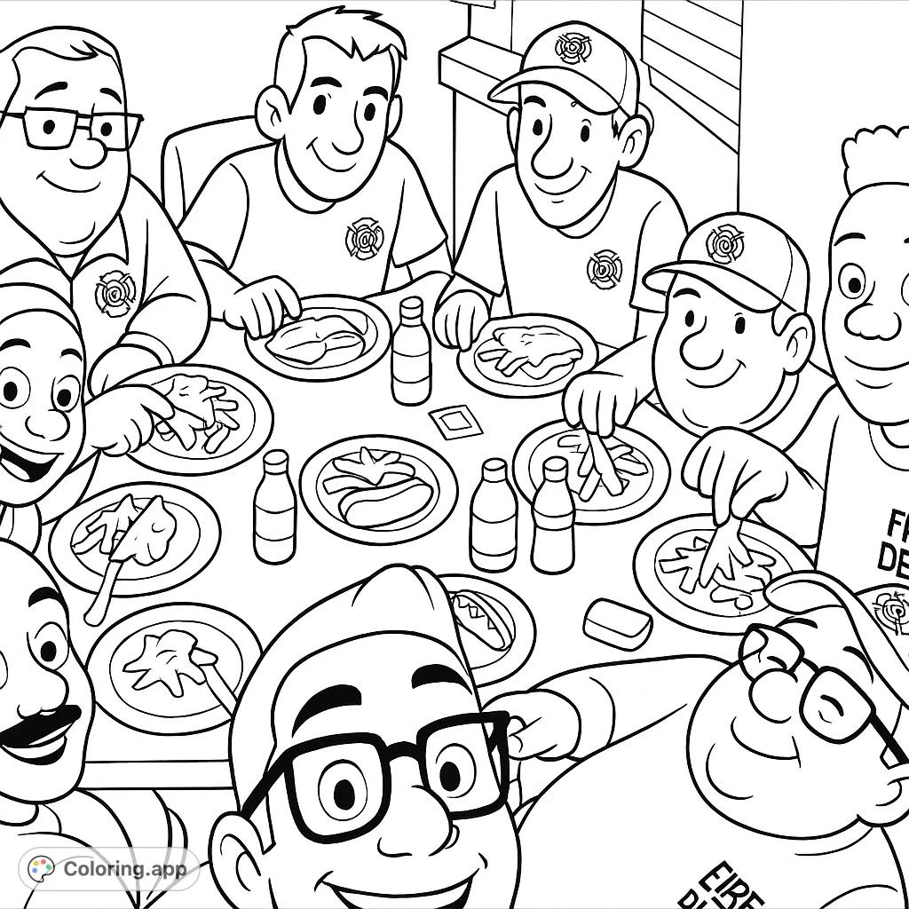 A heartwarming scene of diverse first responders enjoying a meal together, perfect for celebrating community heroes and fostering appreciation.