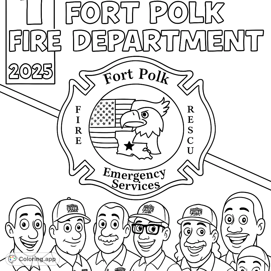 Celebrate community heroes with this Fort Polk Fire Department coloring page featuring a detailed emblem and diverse emergency service personnel.