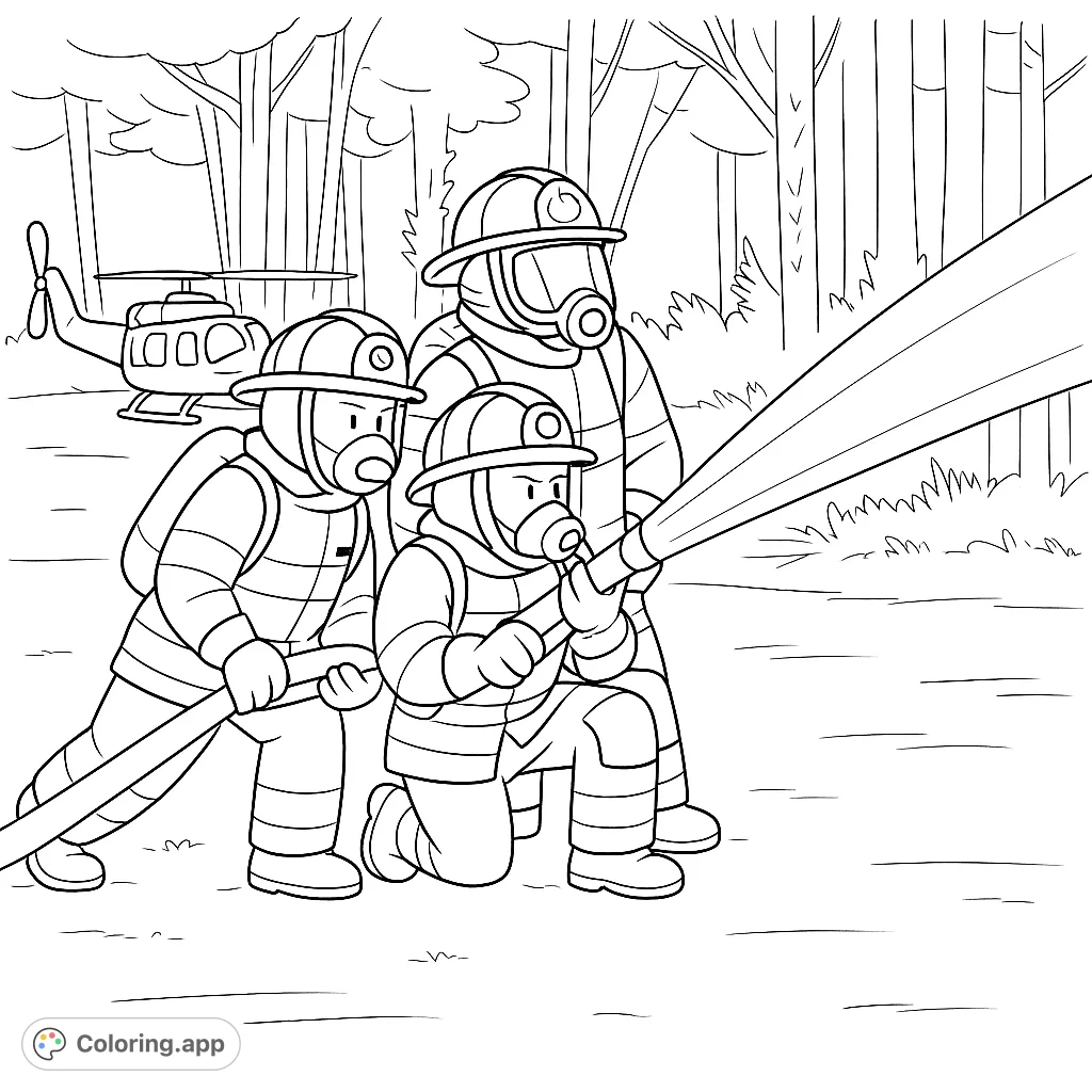 Join heroic firefighters battling a forest blaze with a powerful water stream and helicopter support. A dynamic scene for aspiring heroes to color!