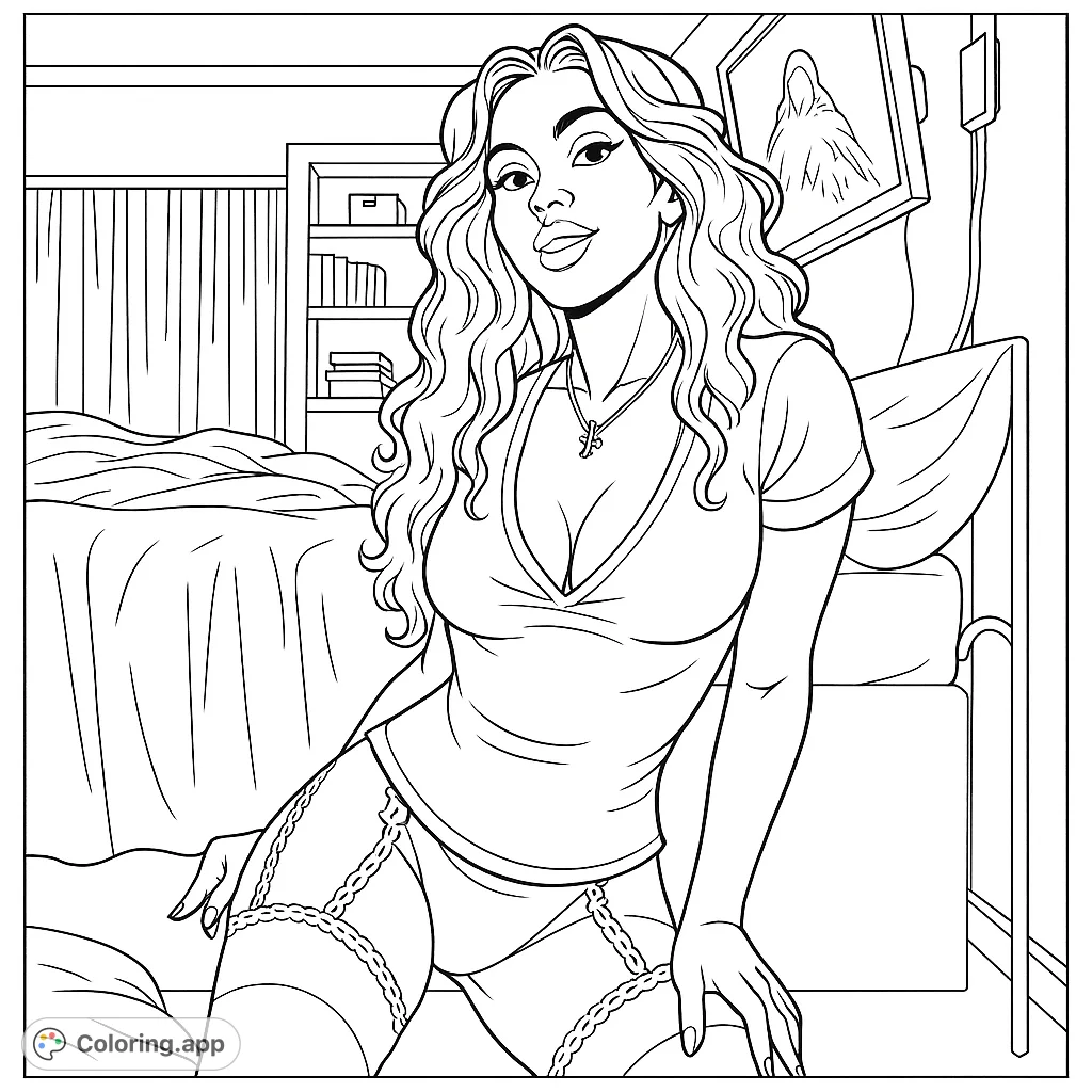 An intimate bedroom scene featuring a woman in a relaxed pose, perfect for adult colorists seeking detailed figures and interior settings.