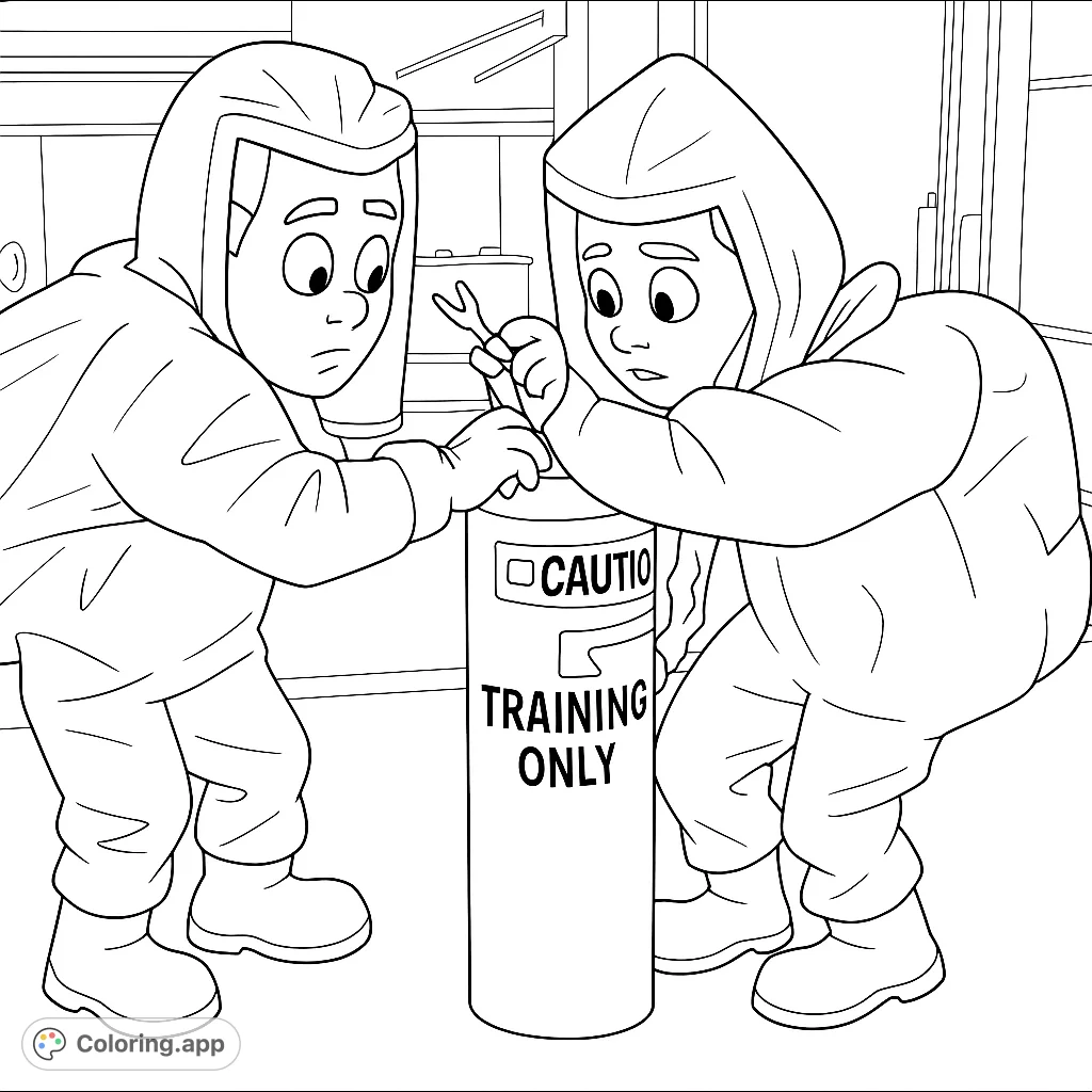 Two individuals in protective suits engage with a training tank in an industrial setting. A detailed scene for a unique coloring experience.