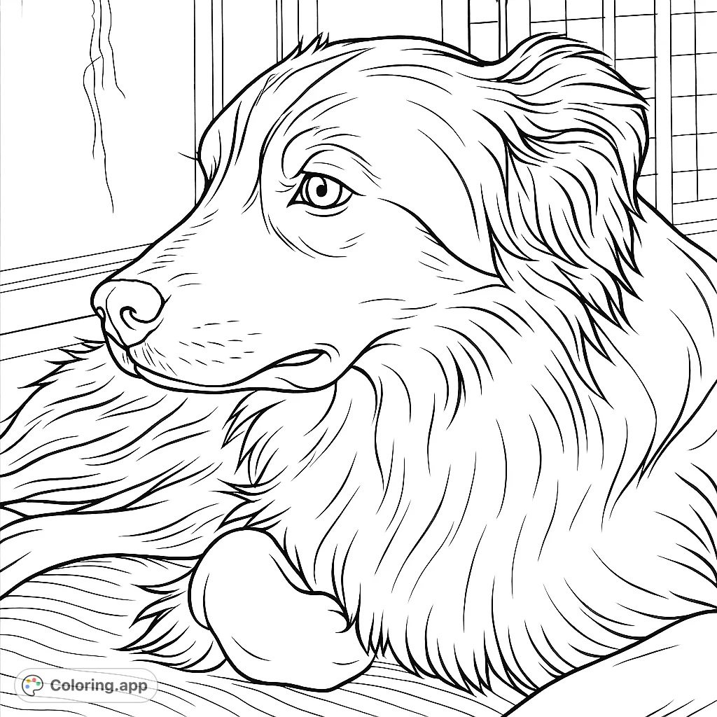 A beautiful dog gazes thoughtfully out a window, showcasing its patterned fur and serene presence. A perfect free printable dog coloring page.