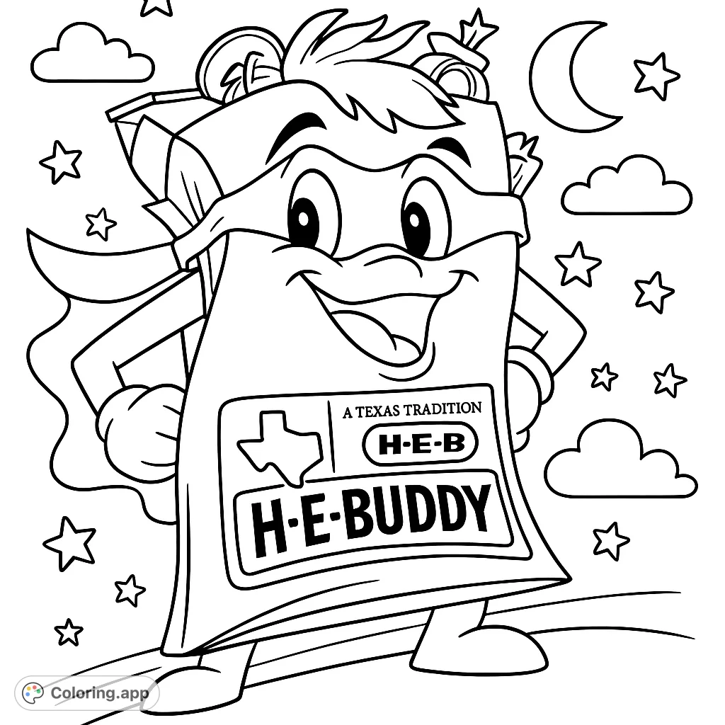 A fun, cartoony superhero grocery bag character with a cape and mask, ready for adventure. Perfect for kids who love playful designs and supermarket themes.