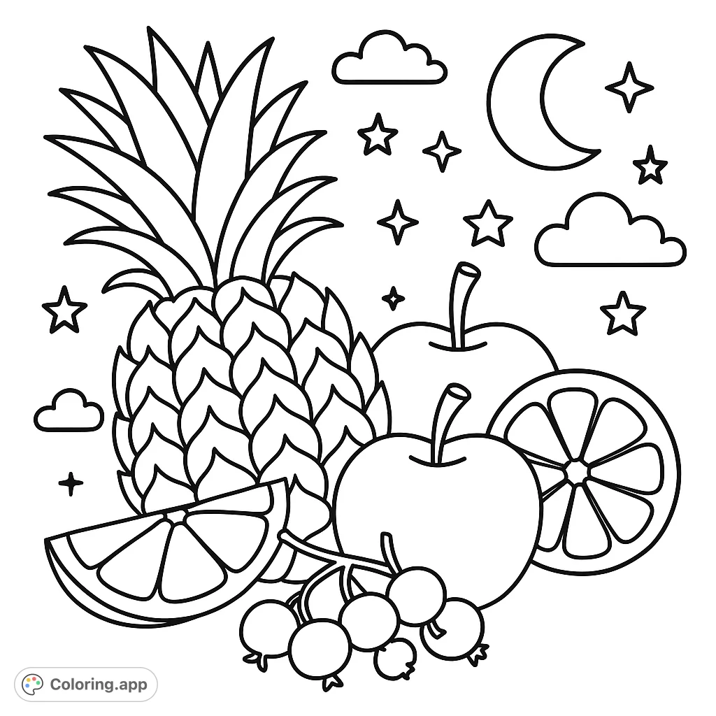 A delightful cartoony fruit medley coloring page featuring a pineapple, apples, and more, with playful stars and clouds for simple, fun coloring.