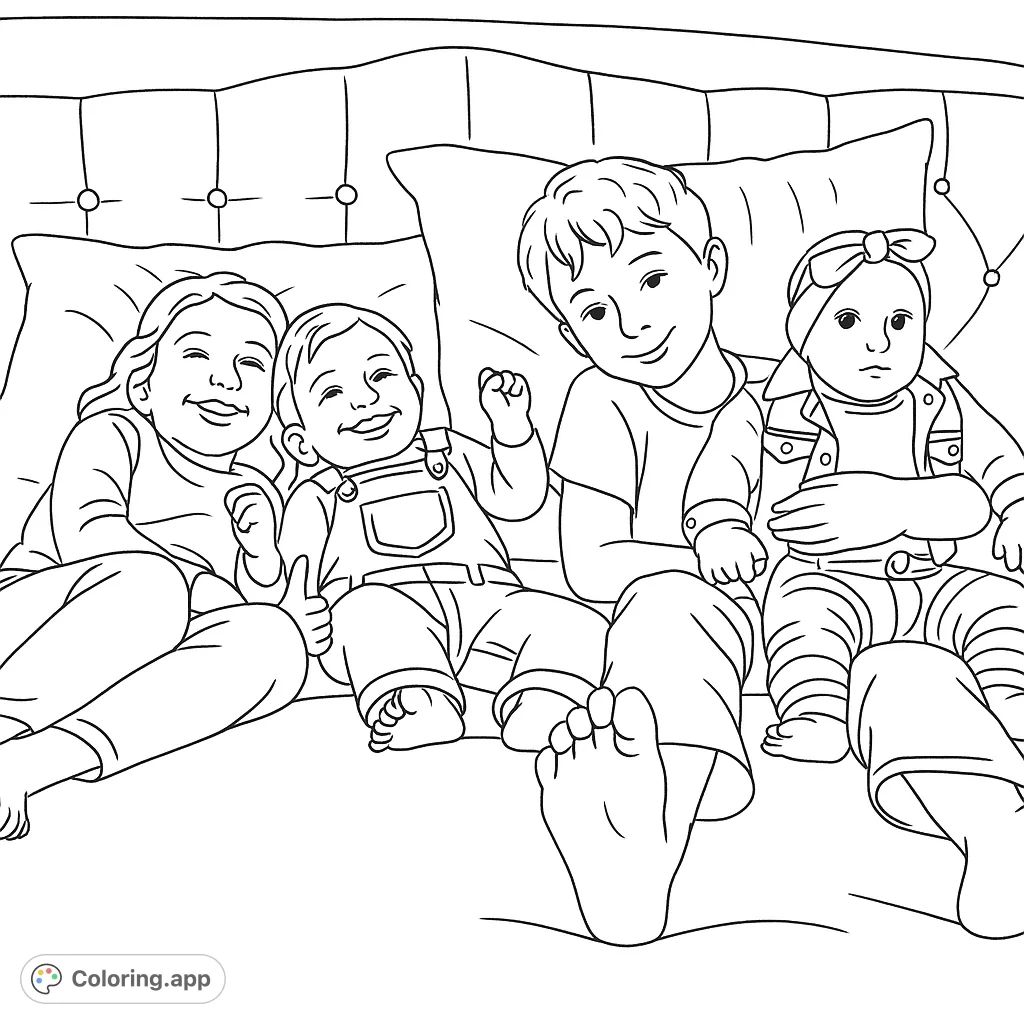 A heartwarming scene of four happy siblings relaxing on a bed, perfect for a joyful and simple coloring experience for all ages.