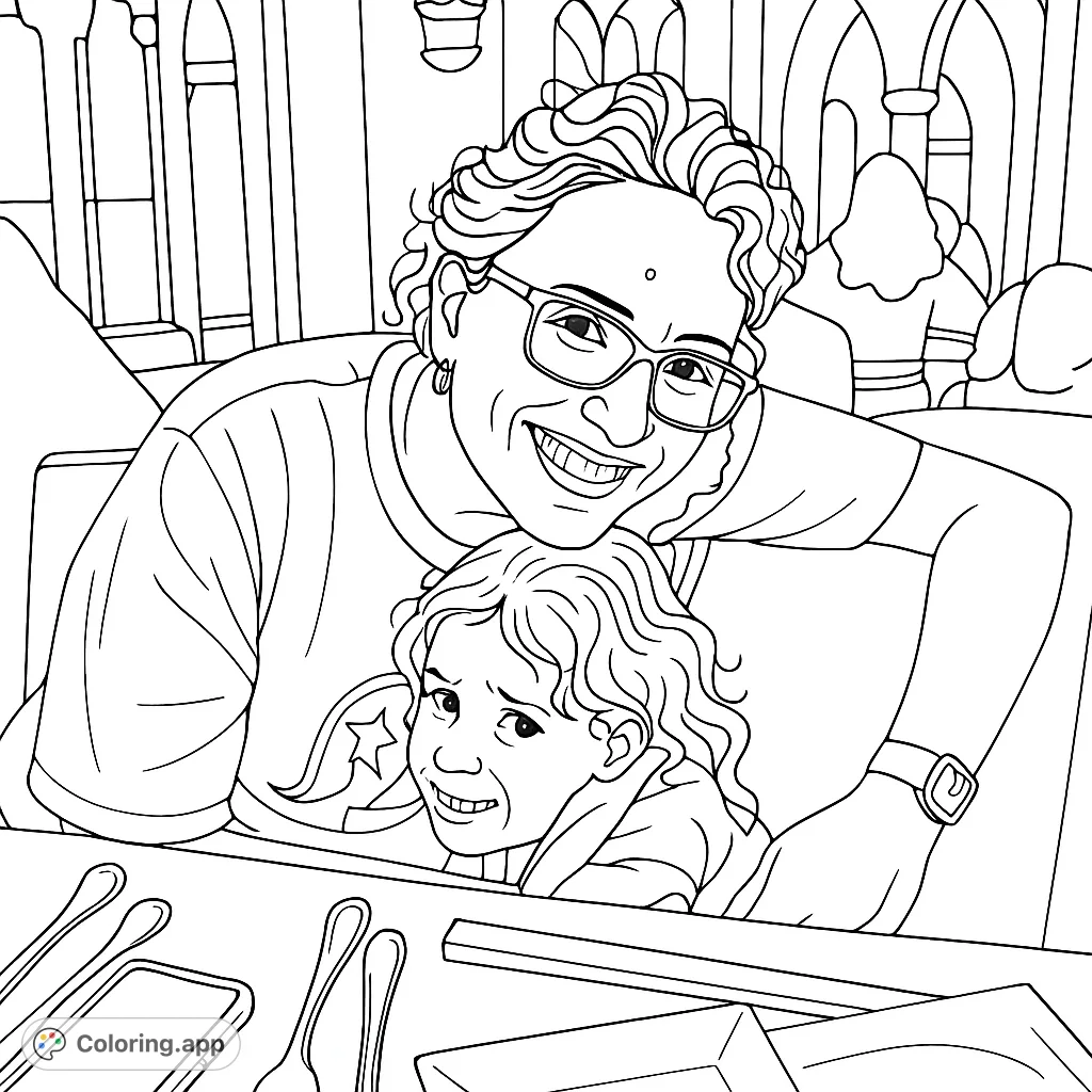 Capture a heartwarming moment of a woman embracing a child. This simple family scene is perfect for all ages to color and enjoy.