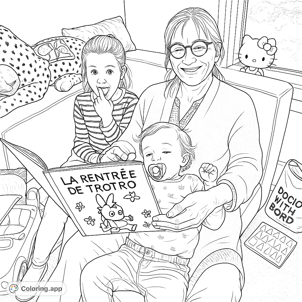 A heartwarming family scene featuring a grandparent reading a storybook to two children on a cozy sofa, surrounded by beloved toys. Perfect for all ages.