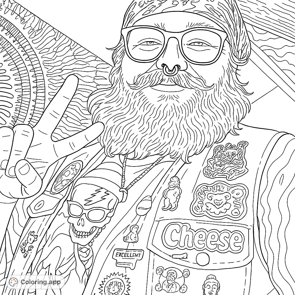 A detailed coloring page featuring a person with a beard, glasses, and a vest covered in unique patches, making a peace sign. Perfect for creative expression.