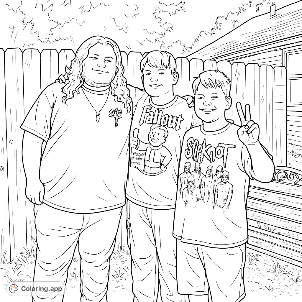 A heartwarming coloring page featuring three friends posing happily in front of a wooden fence, with a house and garden elements in the background.