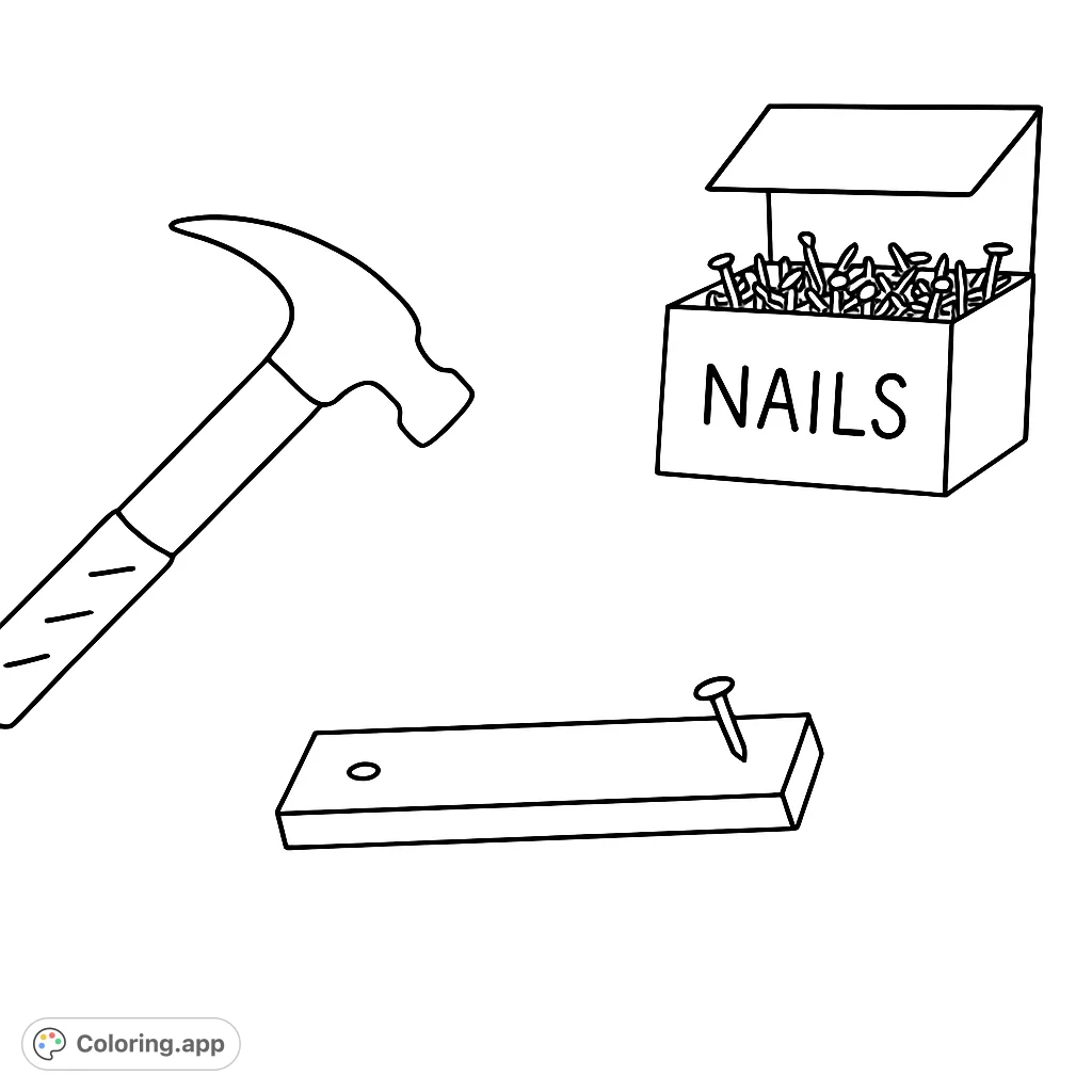 A simple yet engaging coloring page featuring a hammer, a box of nails, and a piece of wood, perfect for learning about tools.