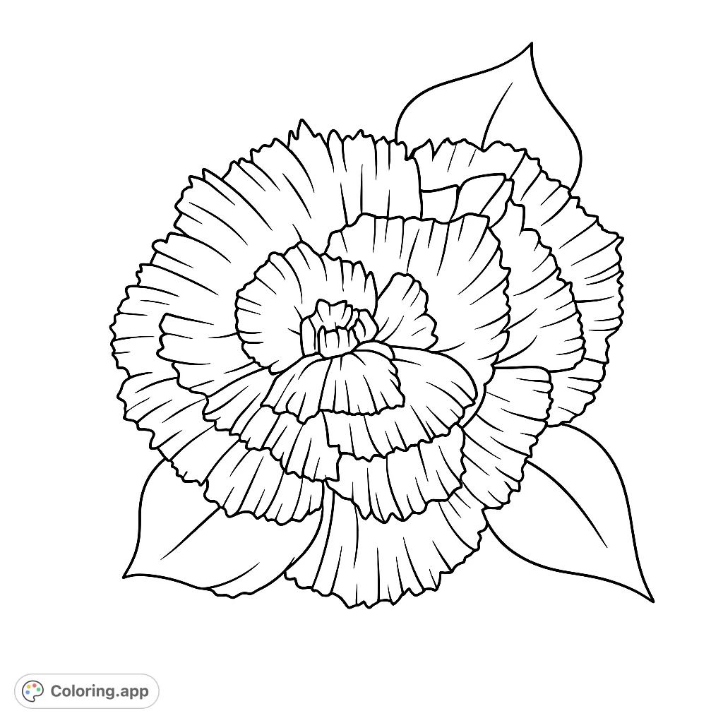 A beautiful carnation flower with intricate ruffled petals and delicate leaves, perfect for detailed coloring and relaxation. A free printable floral coloring page.