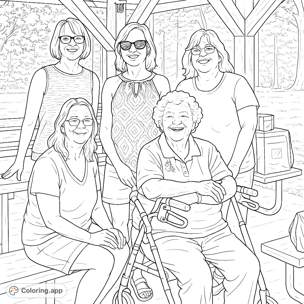 Capture a heartwarming scene of five women sharing smiles under a park pavilion. A perfect free printable family gathering coloring page for all ages.