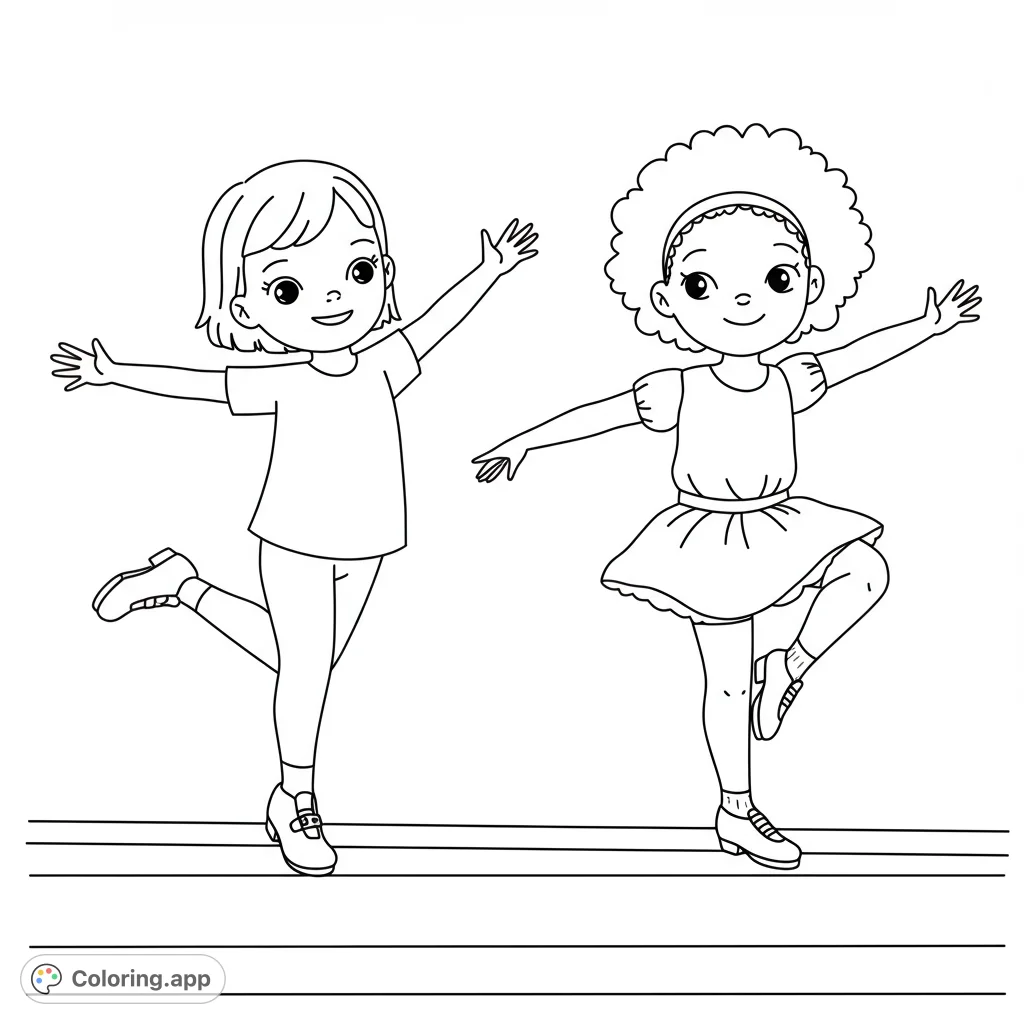 Bring two adorable cartoon dancers to life with your favorite colors! Featuring young performers in buckle strap tap shoes, ready for their big show.