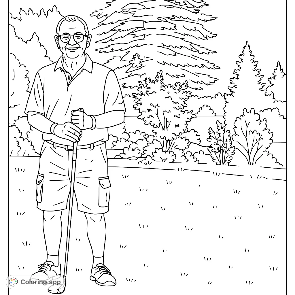 A cheerful golfer stands ready on the course with his club, surrounded by lush scenery. A perfect free printable golf coloring page for all ages.