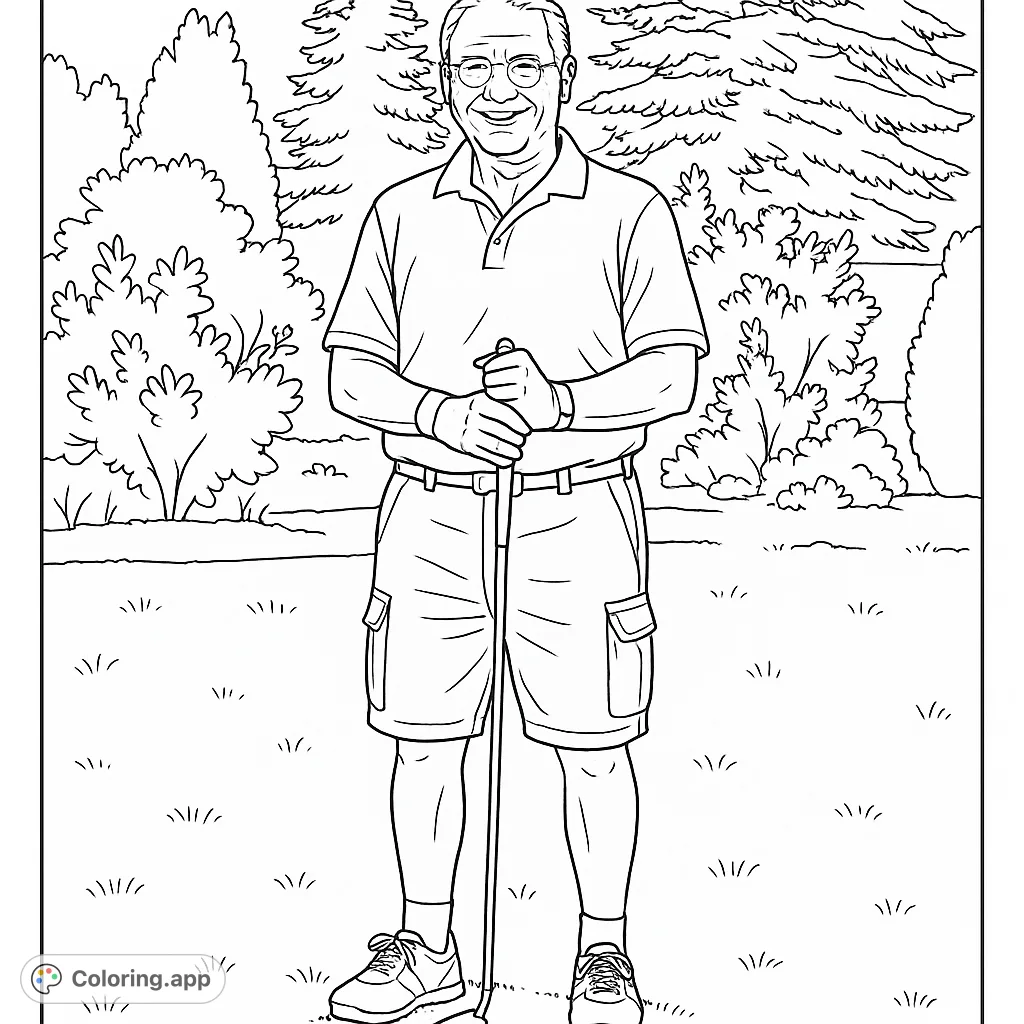 Enjoy a relaxing golf-themed coloring page featuring a smiling golfer on the course. Perfect for sports enthusiasts and those who love outdoor scenes.