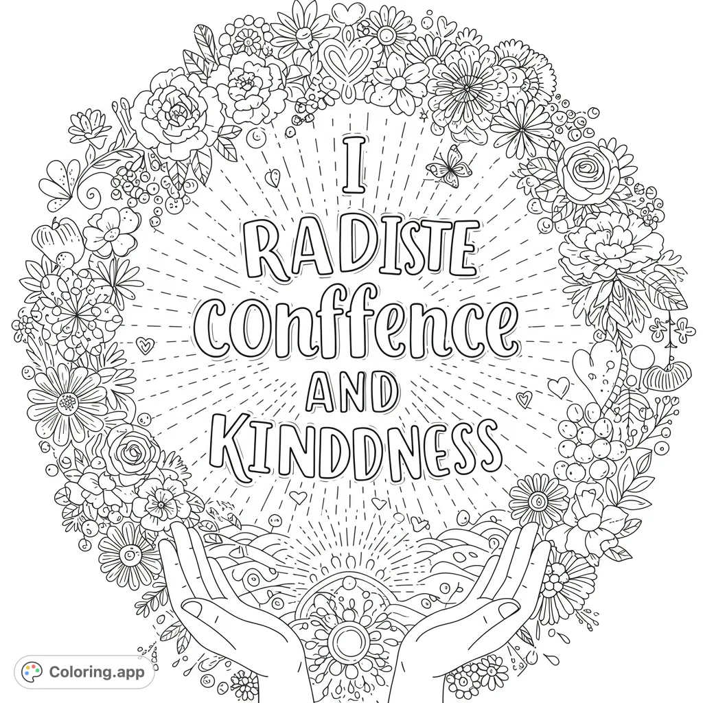 Embrace positivity with this whimsical affirmation coloring page. Features bold text, abstract florals, and decorative hearts for mindful coloring.