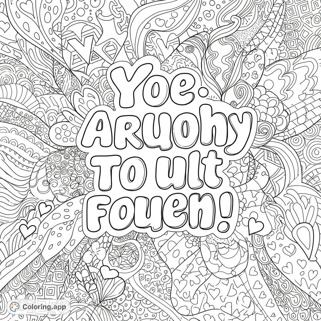 Boost self-esteem with a whimsical confidence coloring page featuring abstract shapes, heart patterns, and a flowing wave background. Perfect for self-love.