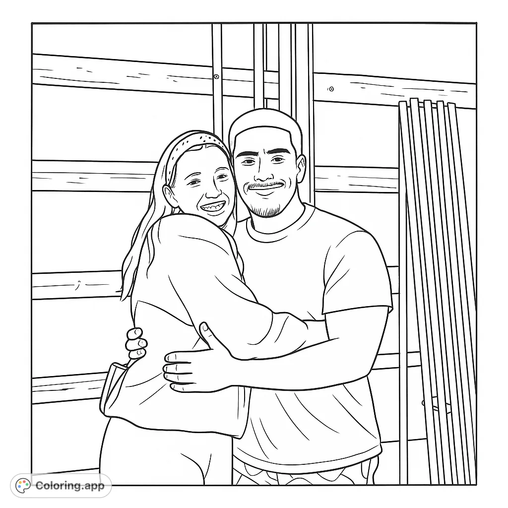 Capture the warmth of a loving embrace with this couple's coloring page. Features a smiling duo against a rustic backdrop, perfect for expressing affection.