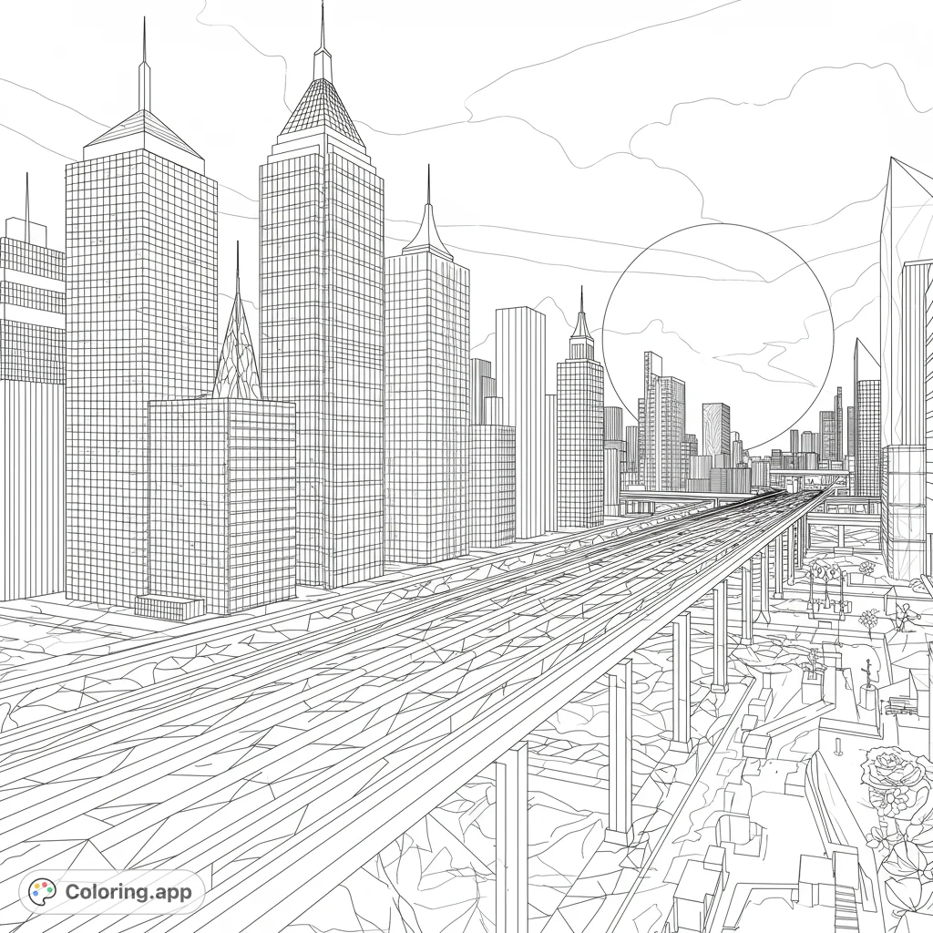 Explore an intricate geometric cityscape, a detailed urban landscape built from precise shapes and patterns. Perfect for precision coloring.