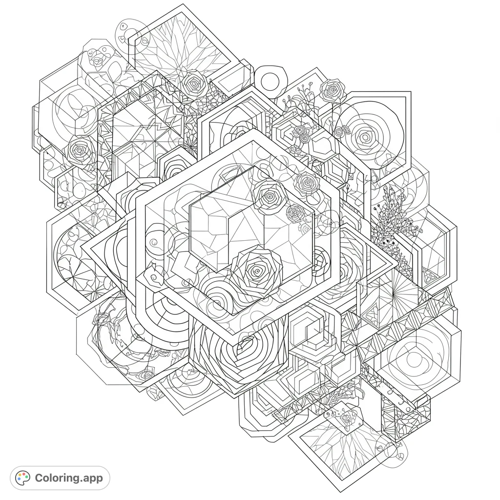 Explore a complex geometric shapes coloring page featuring interlocking squares, circles, and triangles, creating a dynamic interplay of positive and negative space.