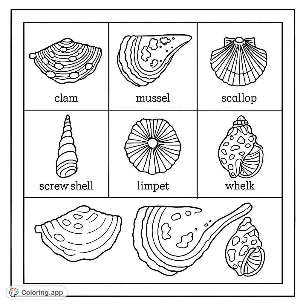 Explore a collection of six unique seashells, including clam, mussel, and scallop. Perfect for learning about marine life and practicing detailed coloring.