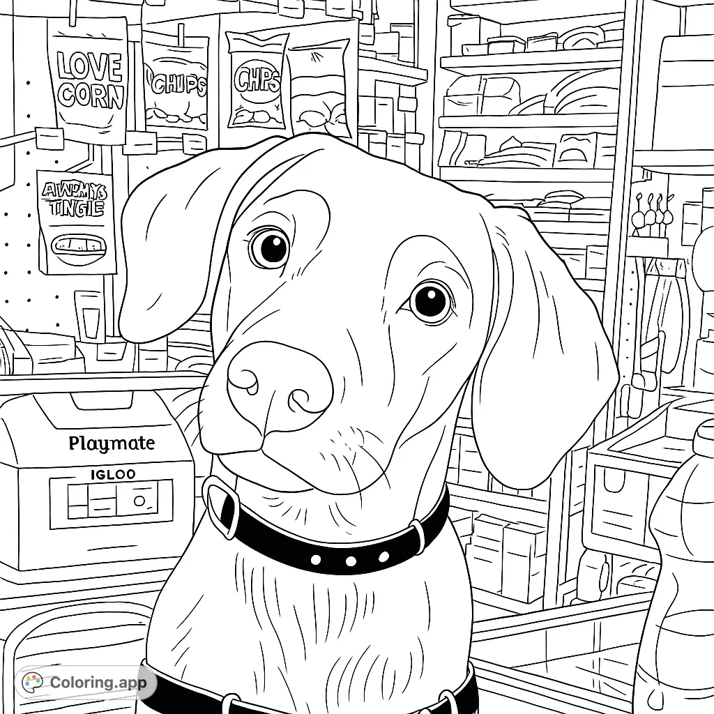 A charming coloring page featuring a curious puppy with a tilted head and studded collar, set against a backdrop of store shelves. Perfect for pet lovers!