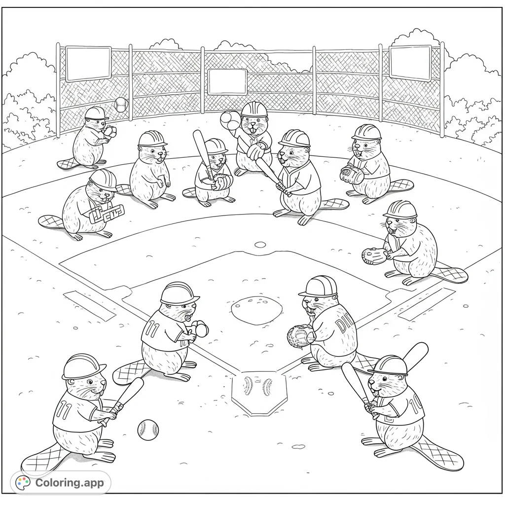 Join a playful team of beavers on the baseball diamond! Some wear construction helmets, ready to play with bats and gloves.