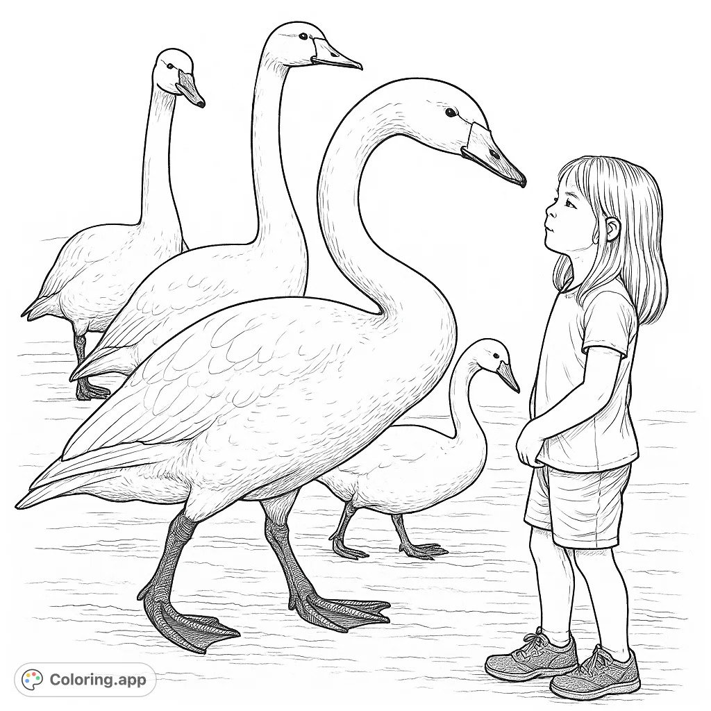 A heartwarming scene of a child interacting with majestic swans in a serene winter landscape. Perfect for nature lovers and detailed coloring.