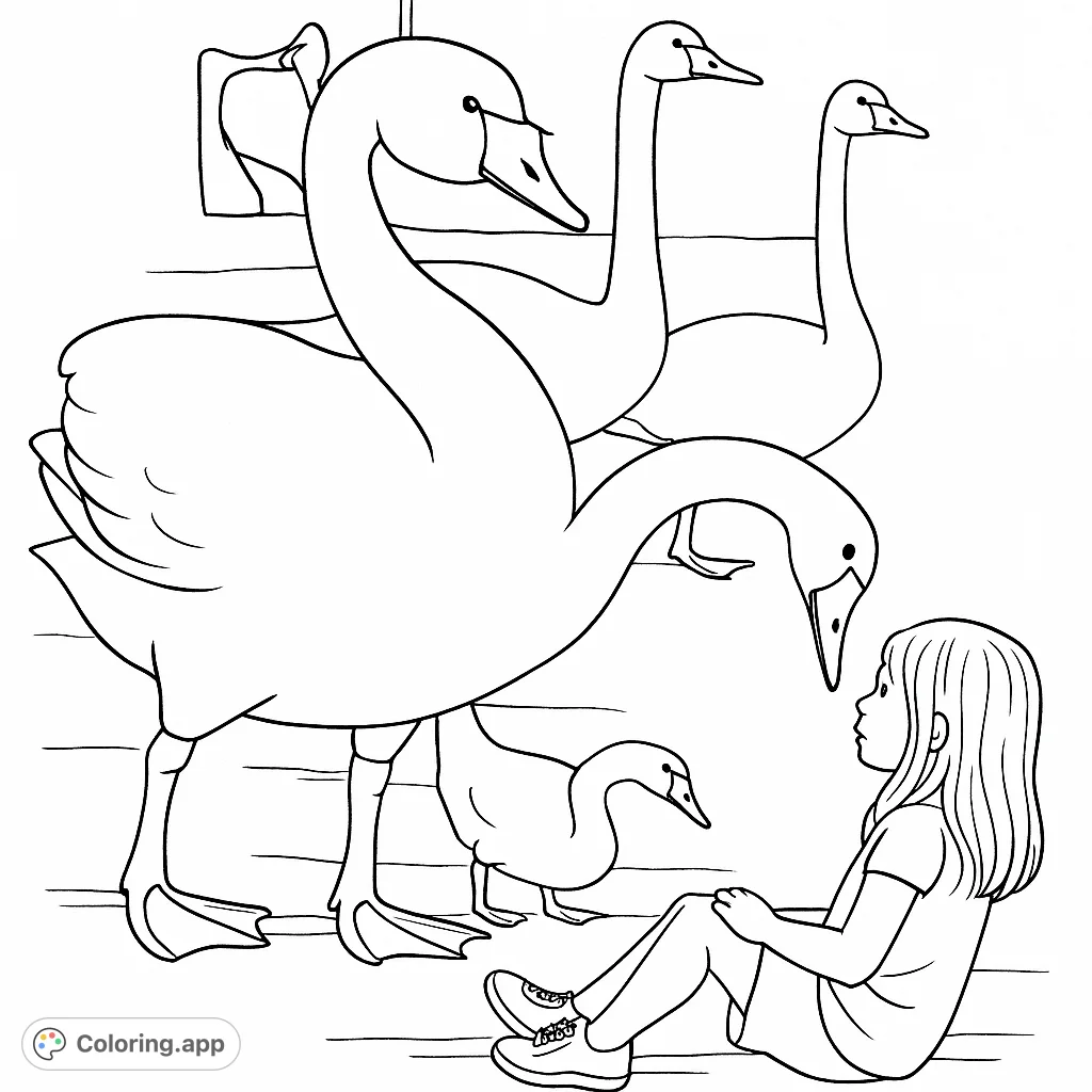 A heartwarming scene of a child embracing a majestic swan, surrounded by two other graceful birds. A beautiful nature-themed coloring page for all ages.