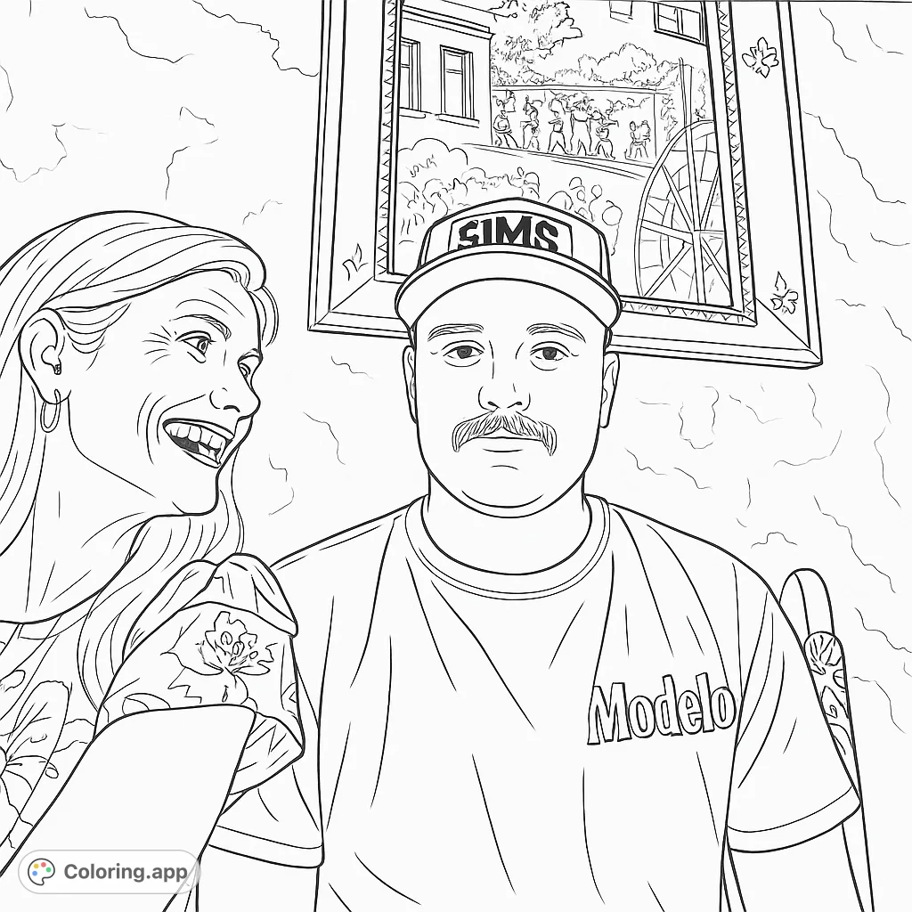Capture a heartwarming moment with this portrait of two smiling individuals. Features a man in a cap and a woman with a joyful expression, set against a textured wall.