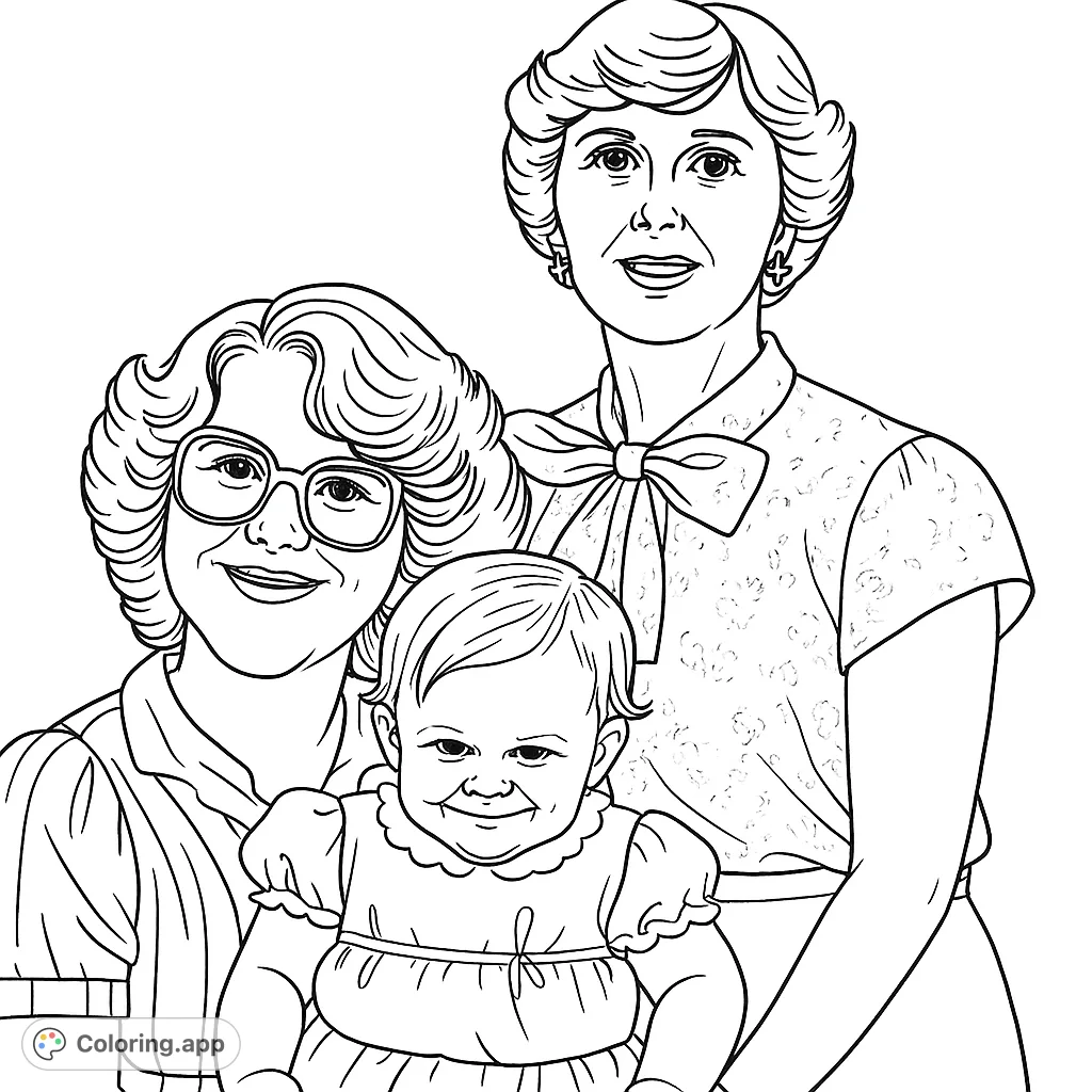 Capture family bonds with this three generations portrait coloring page. Features an older woman, a younger woman, and a smiling baby.