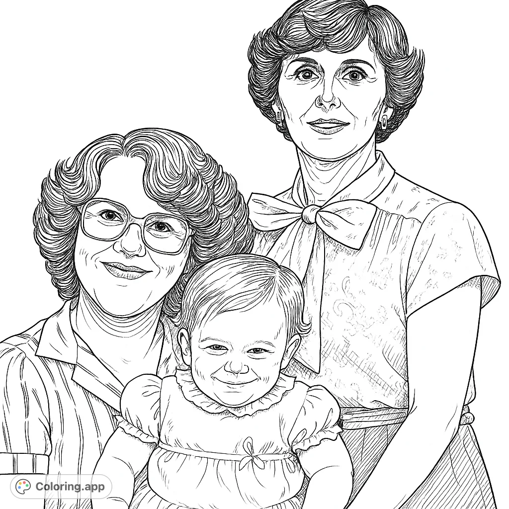 Capture the warmth of a multi-generational family portrait. This detailed coloring page features three smiling females, perfect for personalizing with your unique touch.